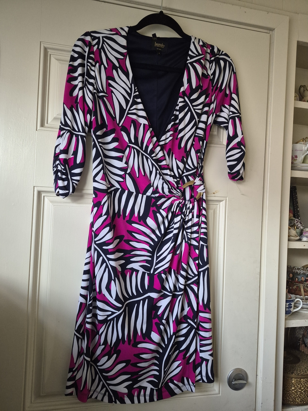 Laundry By Shelli Segal Fuchsia, Black & White Leaf-Print Wrap Dress